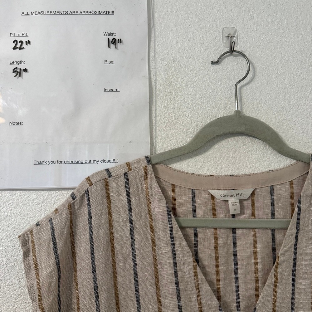 Garnet Hill 100% Linen Dress Womens 16 Beige Striped Button Front Coastal Lagom - Picture 7 of 7